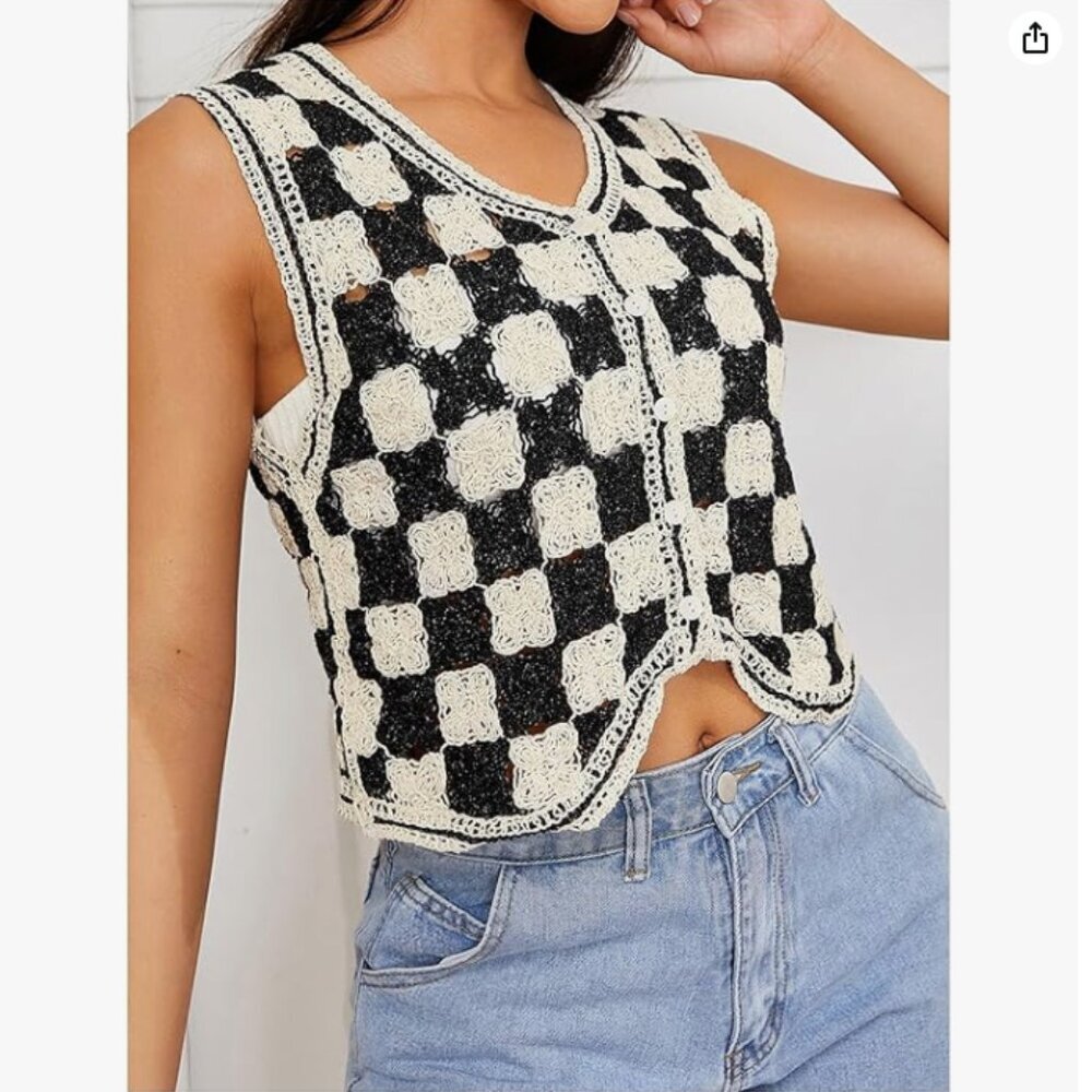 Button Front V Neck Sleeveless Crochet Plaid Checkered Knit Sweater Vest - Picture 3 of 7